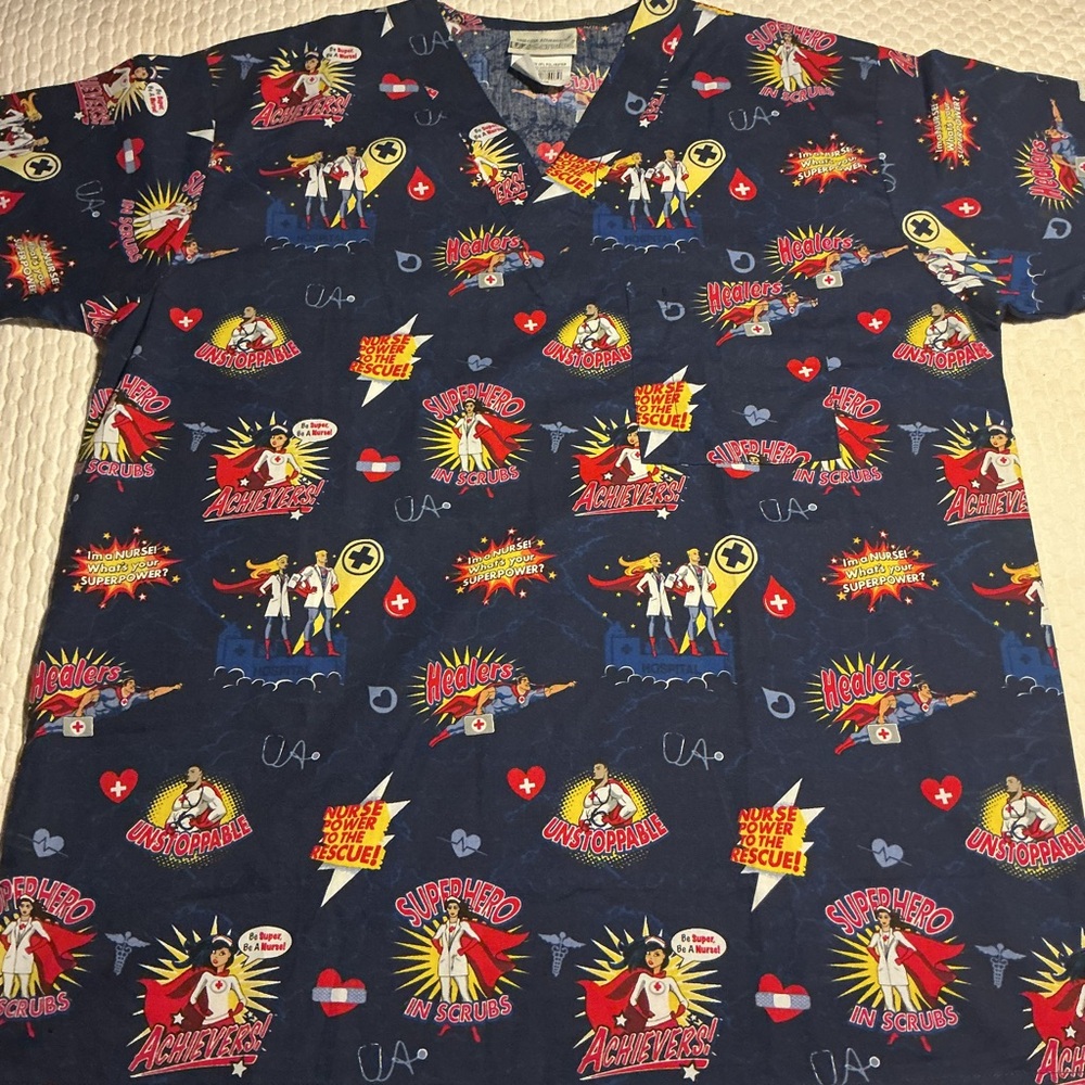 UA Scrubs Navy Superhero Nurse Print V-Neck Top